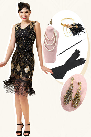 Preto e Dourado Lantejoulas 1920s Vestido Com 20s Acessórios Set